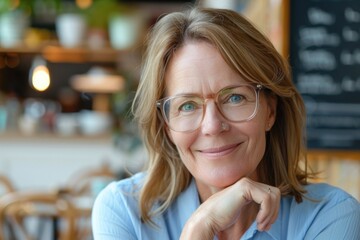 A middle-aged woman with glasses exudes warmth as she smiles at the camera in a casual portrait