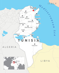Tunisia Political Map with capital Tunis, most important cities with national borders