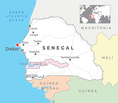 Senegal Political Map with capital Dakar, most important cities with national borders