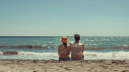 Fototapeta premium Couple sitting on beach looking out to sea