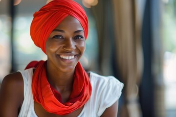 A woman exudes warmth and happiness as she smiles at the camera, wearing a striking red turban
