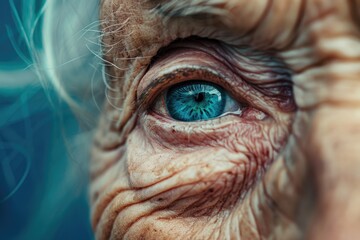 An emotive half face portrait of an elderly woman with a striking blue eye expressing wisdom and depth
