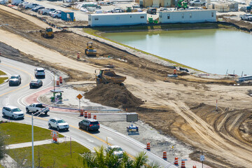Roundabout intersection construction in North Port, Florida. Development of American road circle...