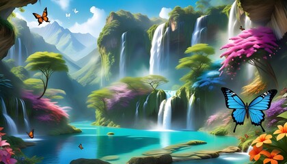 Enchanted forest landscape with waterfalls, lake, and colorful butterflies, ideal for fantasy...