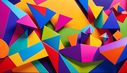 Colorful abstract geometric background with overlapping paper triangles and shapes in a dynamic composition.