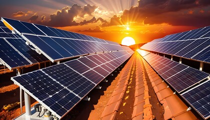 Solar panels with sunset in background, symbolizing renewable energy. - obrazy, fototapety, plakaty