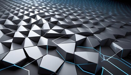 Abstract geometric background with a pattern of 3D hexagons in shades of black and gray with subtle...