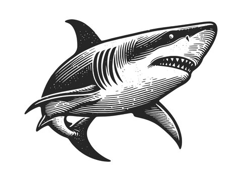shark tattoo sketch engraving generative ai fictional character vector illustration. Scratch board imitation. Black and white image. T-shirt design
