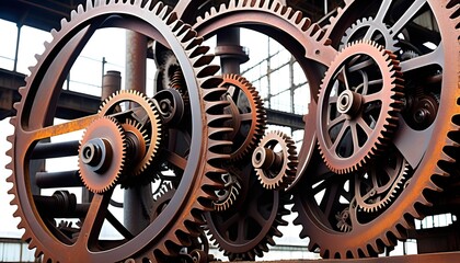 Interlocking industrial gears and cogs with a focus on mechanical complexity and engineering.