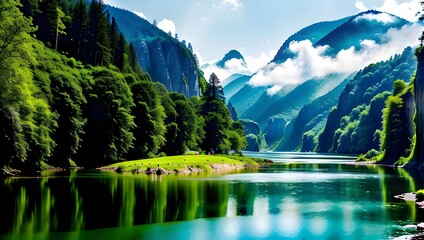 Idyllic mountain lake with lush green forests under a clear blue sky.