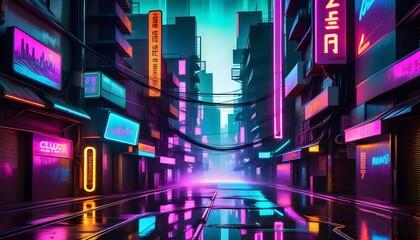 Futuristic neon-lit city street with glowing signs and reflections on wet surface, cyberpunk urban...