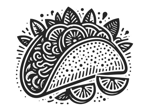 taco surrounded by ingredients and sauces, highlighting Mexican cuisine sketch engraving generative ai vector illustration. Scratch board imitation. Black and white image.