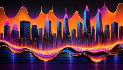 Futuristic city skyline with vibrant neon waves, digital art concept.