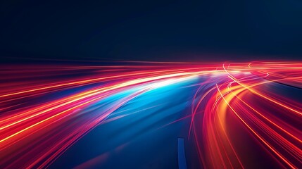 Abstract red light trail on blue background - obrazy, fototapety, plakaty