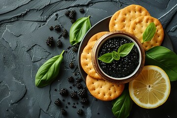Photo of A jar with black caviar and cracker on a white plate, isolated against a dark background,...
