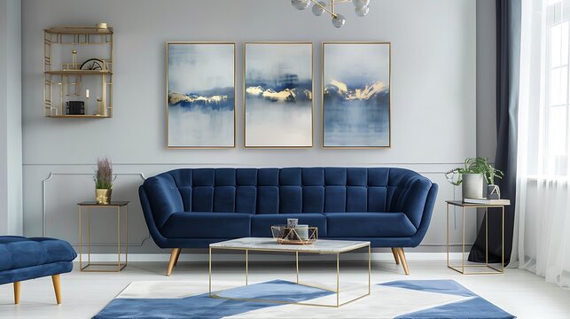 An elegant navy blue sofa in the middle of a bright living room interior with gold metal side tables and three paintings on a gray wall