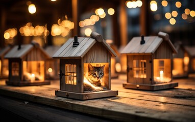 A whimsical scene of small wooden houses housing playful cats