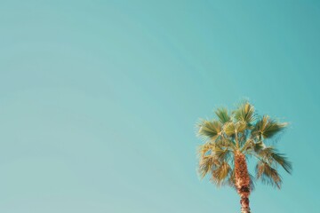Obraz premium A tall palm tree stands against a clear blue sky, creating a striking and serene tropical scene