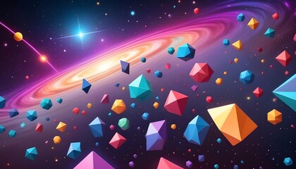 Colorful digital illustration of a vibrant galaxy with floating geometric shapes and a bright...