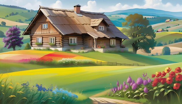 Idyllic countryside scene with a traditional wooden house amidst vibrant floral fields and rolling hills under a clear sky.