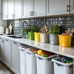 Modern kitchen with labeled waste separation bins: glass, paper, plastic, organic. Clean, organized look. Ideal for eco-friendly concepts, recycling campaigns, and household management guides - obrazy, fototapety, plakaty