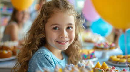Portrait of cute little girl with birthday cupcakes at birthday party