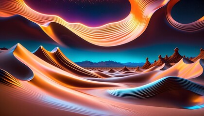 Abstract digital landscape with flowing shapes and neon colors against a starry sky.