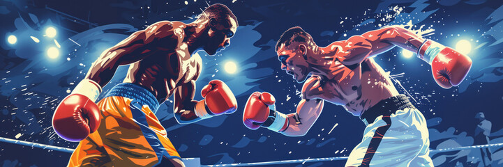 Boxing match in the ring at the Olympic Games. African-American boxer enters into a fight with a Caucasian athlete. Splashes convey dynamics. Stylized boxing banner - obrazy, fototapety, plakaty