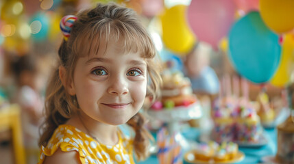 Portrait of a cute little girl with a birthday cake in her hands