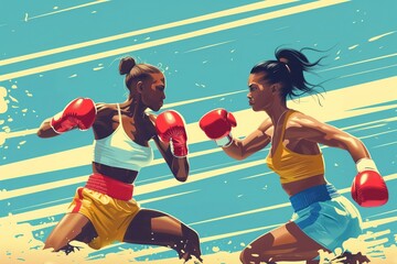 Olympic fight of women boxers of different races. Two female boxers fight at the Olympic Games. Stylized sports boxing poster - obrazy, fototapety, plakaty