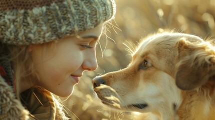 Portrait of a young girl with her dog in the field