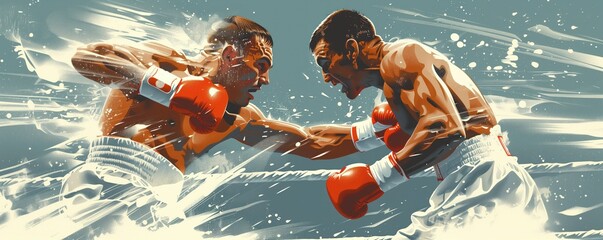 Boxing match. Two boxers fight desperately in the ring at the Olympic Games. One boxer hits another. Sports dynamic stylized banner. Olympic concept