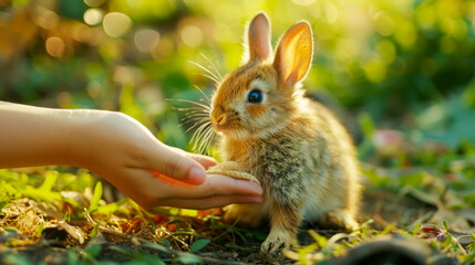 Little baby rabbit on green grass in the garden. Easter concept.