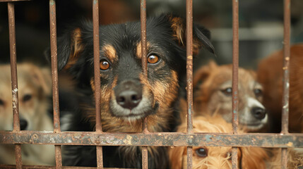 Dogs in an enclosure. Sad waiting for a new owner
