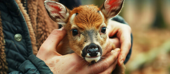 Little baby deer in the hands of a child. Selective focus