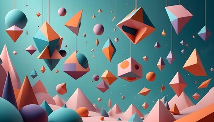 Abstract 3D composition of floating geometric shapes in pastel colors with a playful, modern design...