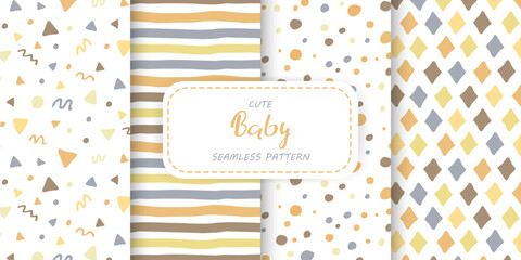 Set of seamless patterns for baby in neutral colors. Hand drawn doodle geometric shapes on white ornament. Cute pattern for design of children's wallpaper, clothing