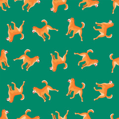 Funny seamless repeat pattern with cute Akita Inu dog.Red color animal on green background.Pet in an active pose with tongue hanging out.Vector design for printing on fabric and paper.