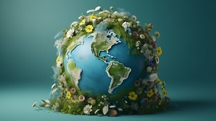 The earth surrounded by green plants and flowers.