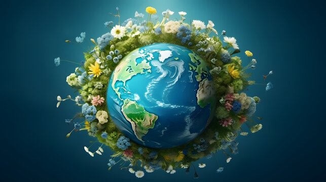 The earth surrounded by green plants and flowers.