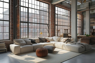 An apartment with large, high windows located in New York City it has a large spacious living room AI Generation