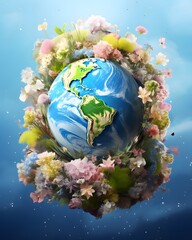 The earth surrounded by green plants and flowers.