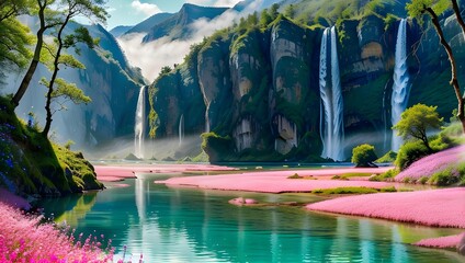 Scenic view of majestic waterfalls with pink flower fields by a tranquil river and lush green cliffs.