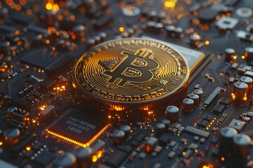 Golden bitcoin on the background of computer motherboards, in the style of high tech, closeup, 3D rendering, high resolution photography, high detail, studio lighting, intricate details