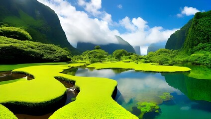 Lush green valley with vibrant grass-covered islands amidst calm blue waters, surrounded by steep cliffs and misty waterfalls in the distance.