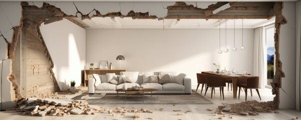  living space with a sofa and dining area, featuring an exposed brick wall through broken wall