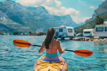 A woman wearing a bikini is paddling a kayak on a lake