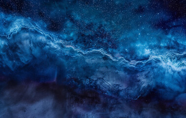 Electric blue lightning like nebula across a galaxy of stars with cloud like black formations - Wide 3:2