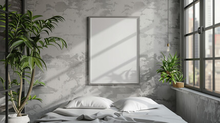 Modern room, mockup for a picture or poster with frame, hanging above a bed, created with generative AI technology