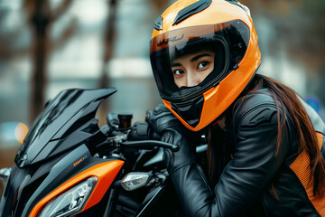 A woman in a motorcycle helmet leaning confidently against a sleek black and orange motorcycle, capturing the essence of freedom and adventure